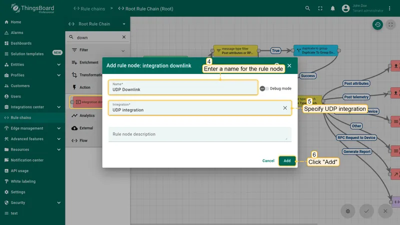 Add rule node dialog — name: UDP Downlink, integration: UDP Integration, Add button highlighted