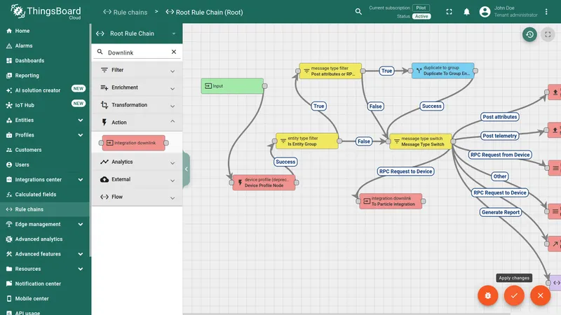 Root Rule Chain canvas — integration downlink node To Particle integration connected from Message Type Switch via the RPC Request to Device relation, with Apply changes highlighted