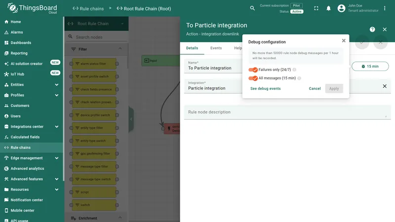 Root Rule Chain — Integration Downlink node Debug configuration dialog with Failures only (24/7) and All messages (15 min) enabled