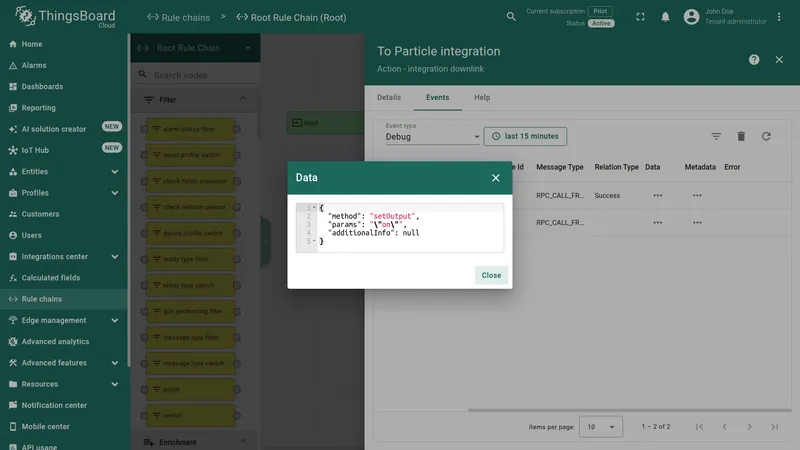 Integration Downlink node — Data dialog showing method setOutput and params "on"