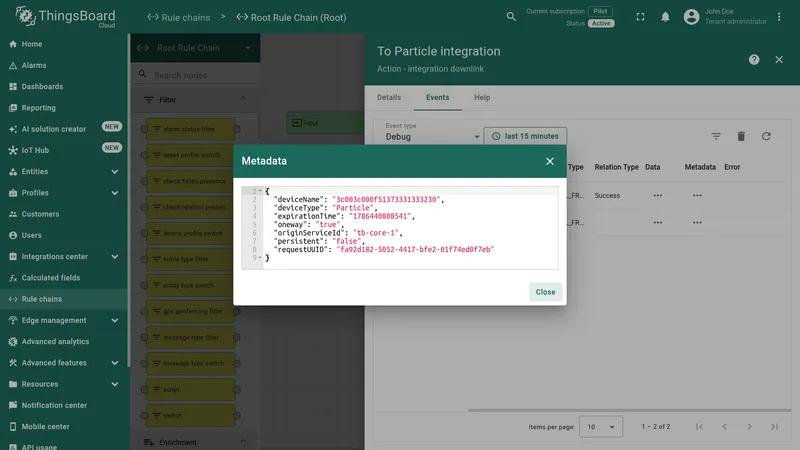 Integration Downlink node — Metadata dialog showing deviceName, deviceType, and originServiceId