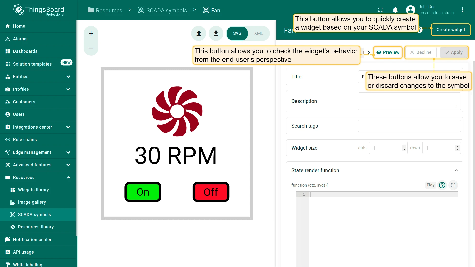 SCADA editor actions