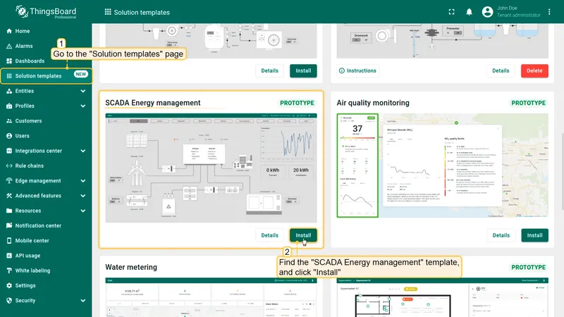 Solution templates page with SCADA Energy management