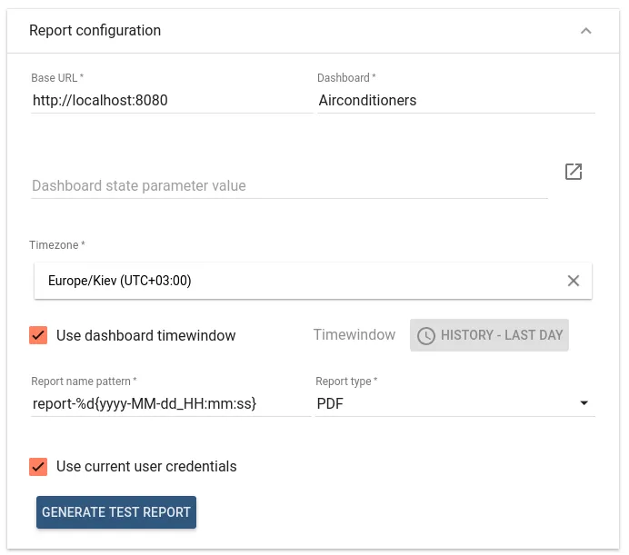 Generate Report — report configuration