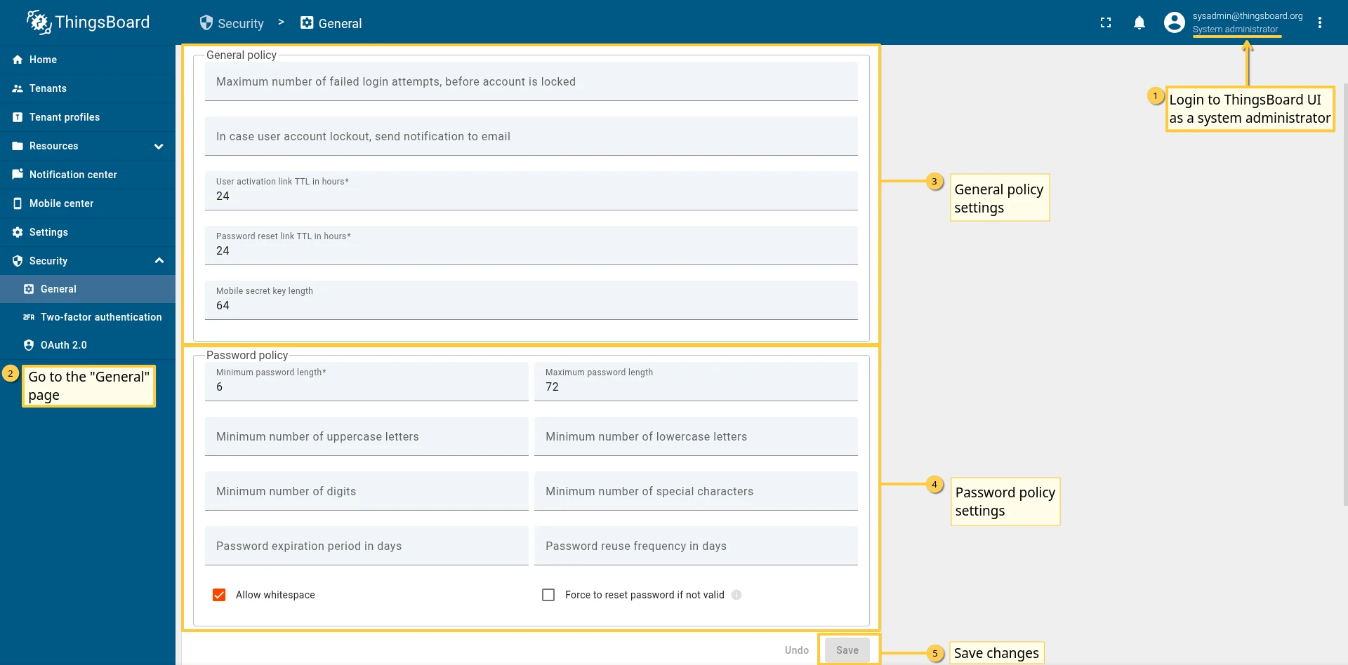 General policy and password policy settings