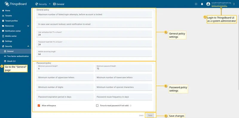 General policy and password policy settings