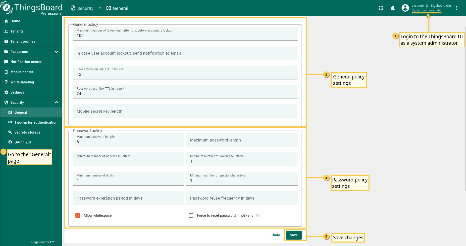 General policy and password policy settings