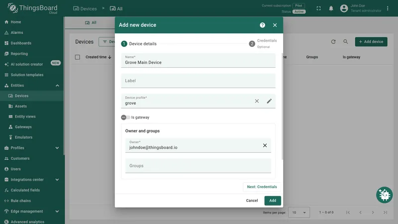 Add new device dialog