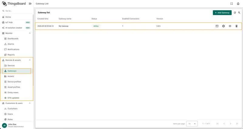 Go to Devices & assets → Gateways and select your gateway