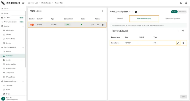 Select the created Modbus connector and click on the Master Connections tab