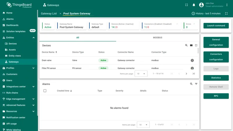 Pool System Gateway configuration page