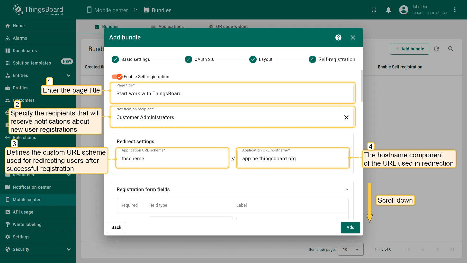 Self-registration basic settings showing page title, notification recipient, and redirect URL fields