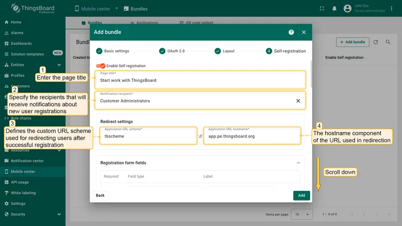 Self-registration basic settings showing page title, notification recipient, and redirect URL fields