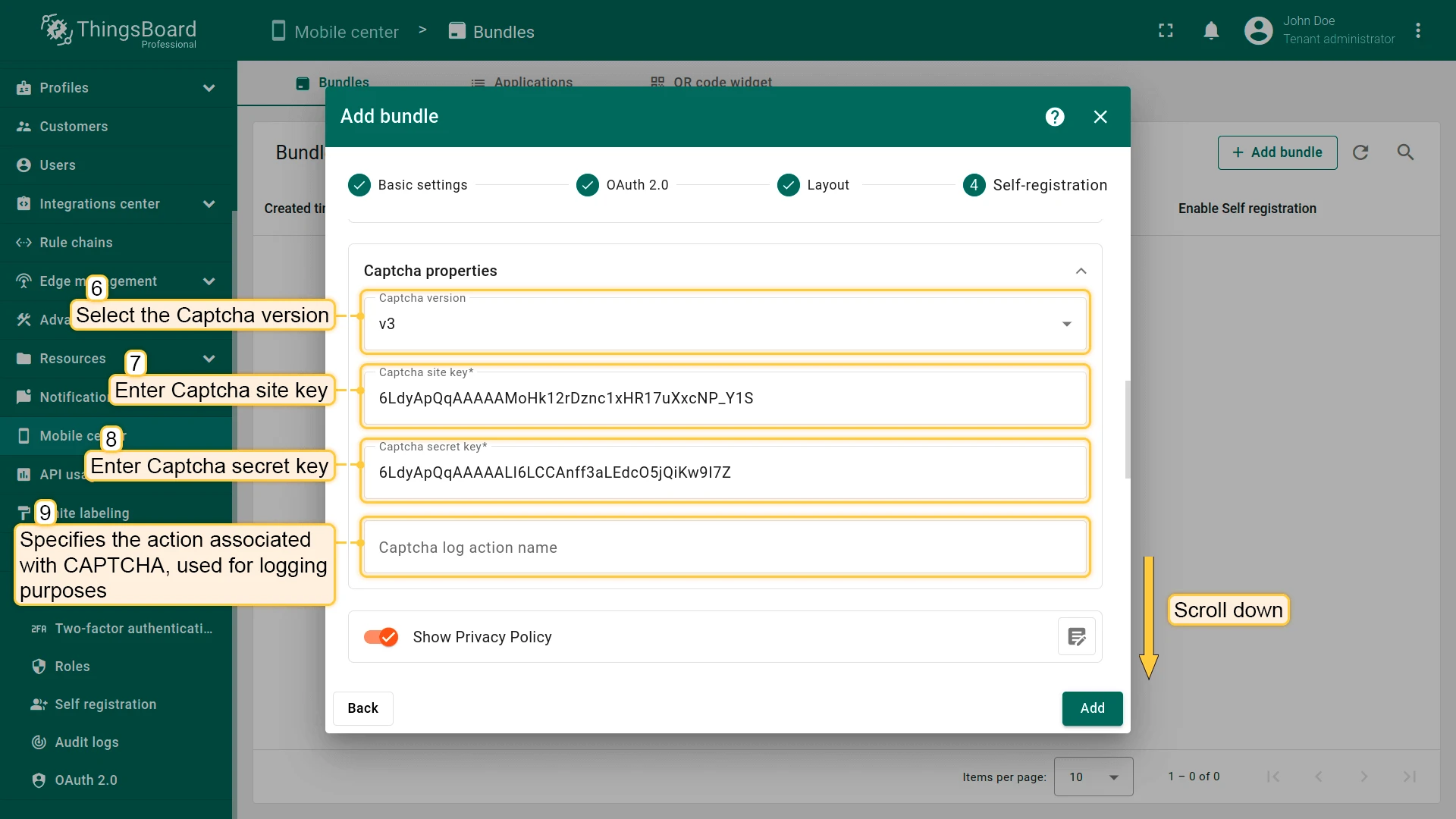 Captcha settings in ThingsBoard showing version, site key, secret key, and action name fields