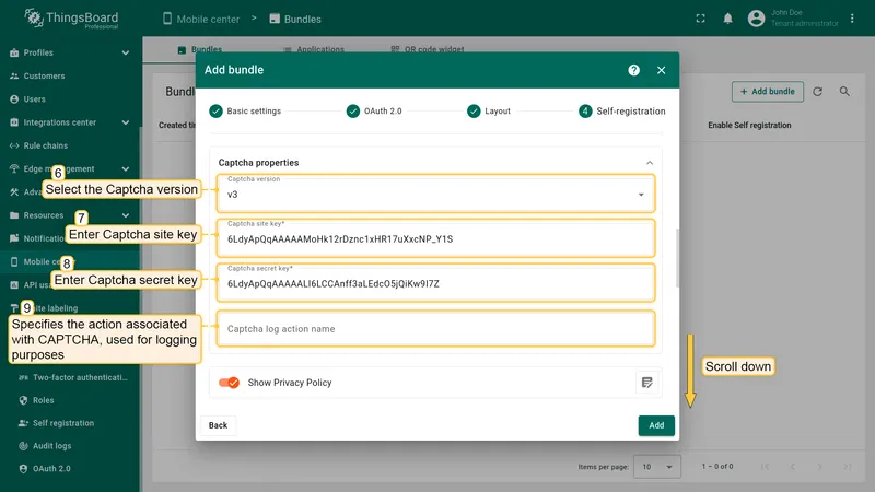 Captcha settings in ThingsBoard showing version, site key, secret key, and action name fields