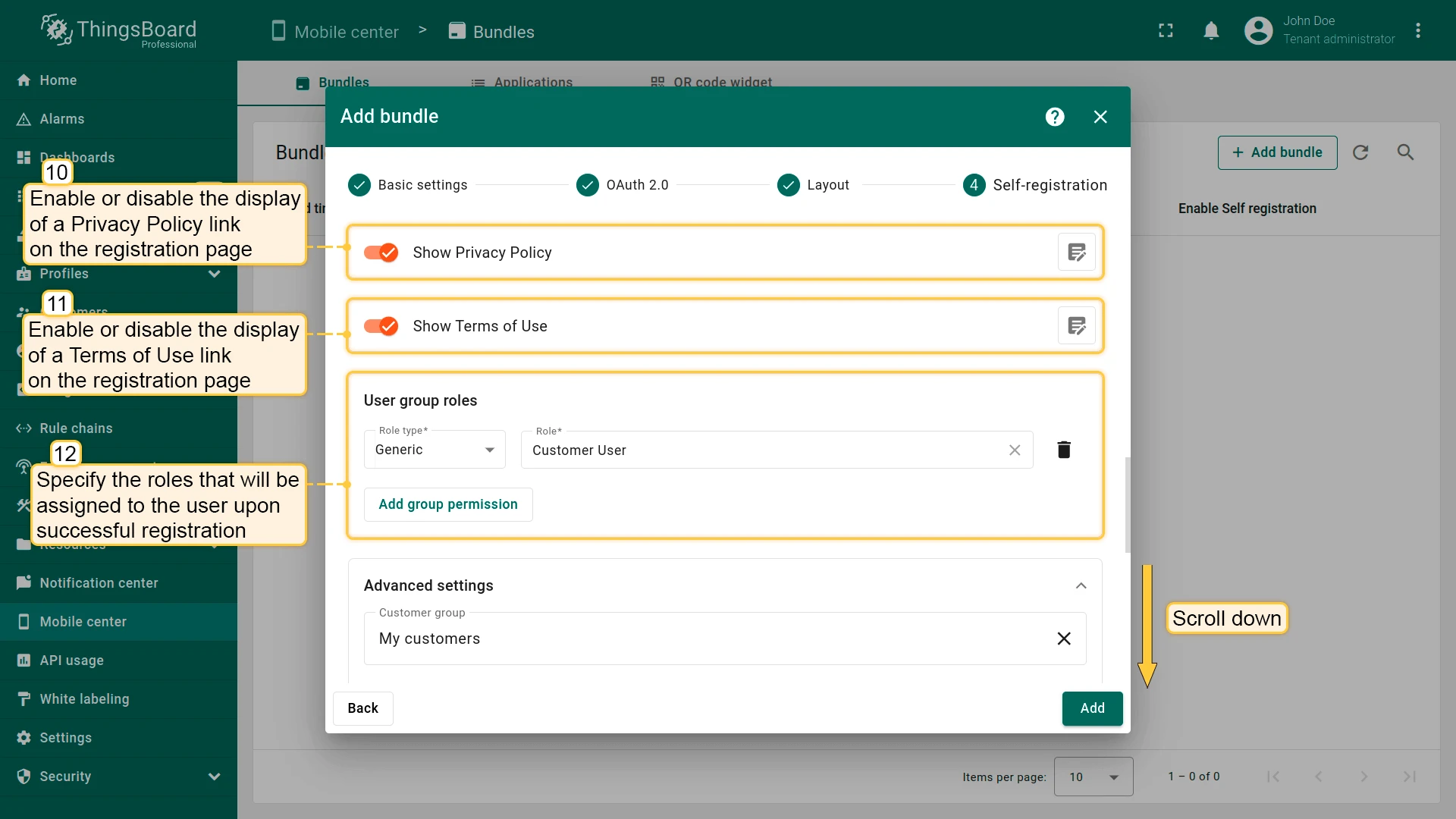Additional settings showing Privacy Policy, Terms of Use toggles, and User group roles selector