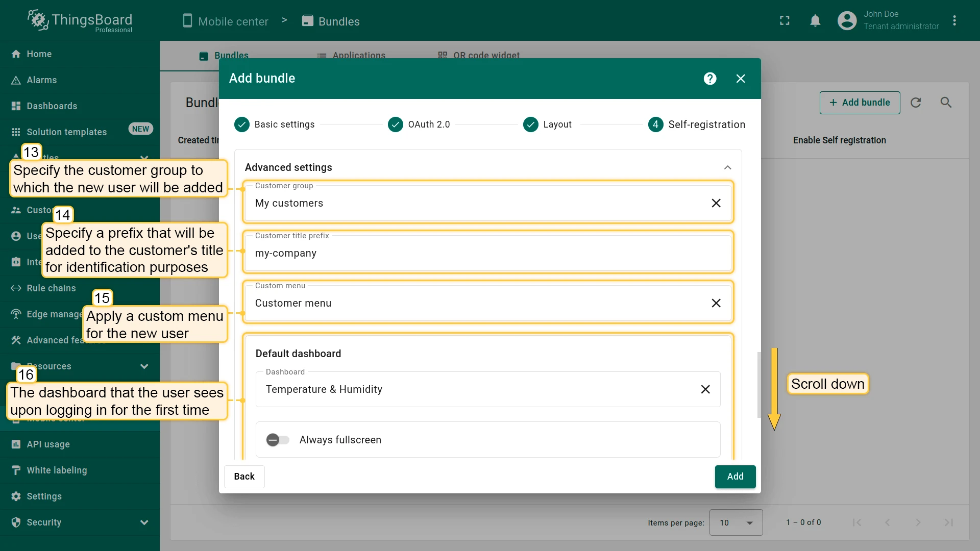 Advanced settings showing customer group, title prefix, custom menu, and default dashboard fields