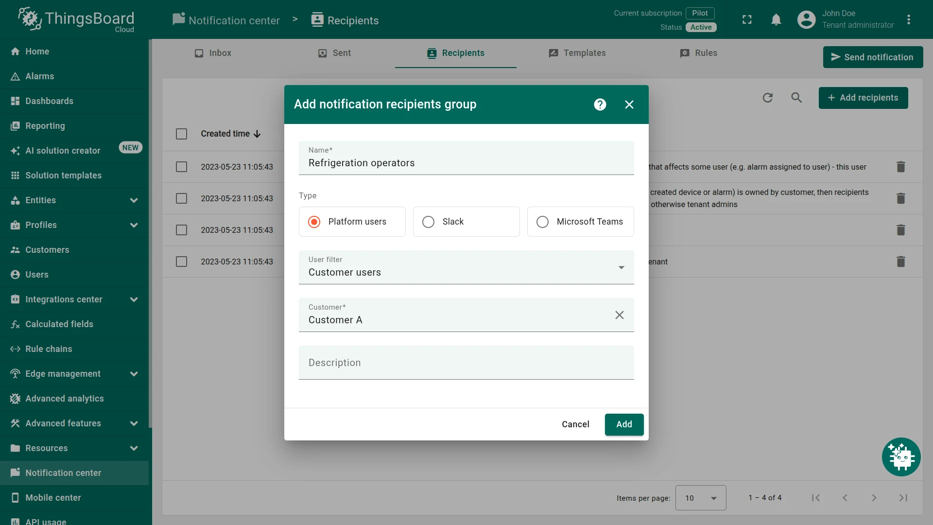 Add notification recipients group dialog with Name set to Refrigeration operators, Type to Platform users, User filter to Customer users, and Customer A selected