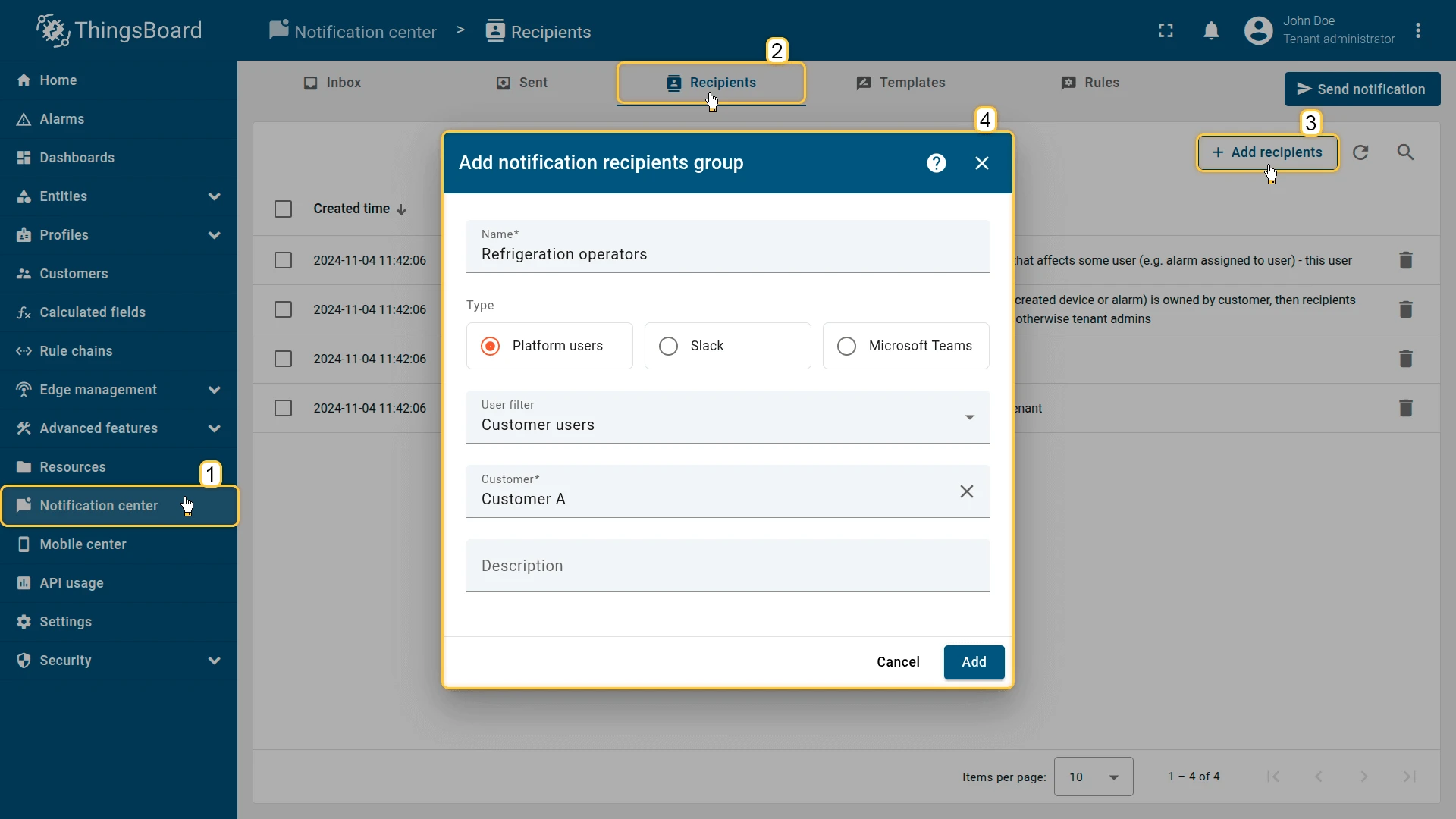 Add notification recipients group dialog with Name set to Refrigeration operators, Type to Platform users, User filter to Customer users, and Customer A selected