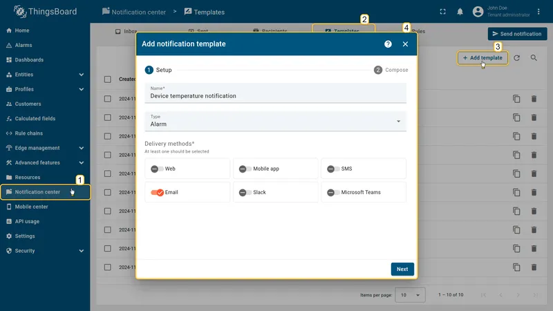 Add notification template dialog — Setup step with Name set to Device temperature notification, Type to Alarm, and Email delivery method toggled on
