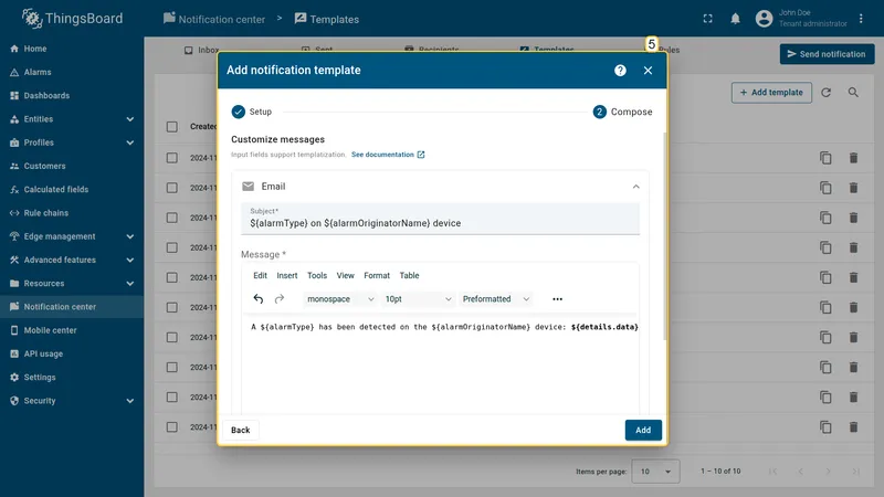 Add notification template dialog — Compose step showing the Email section expanded with Subject and Message fields filled in using alarm template variables