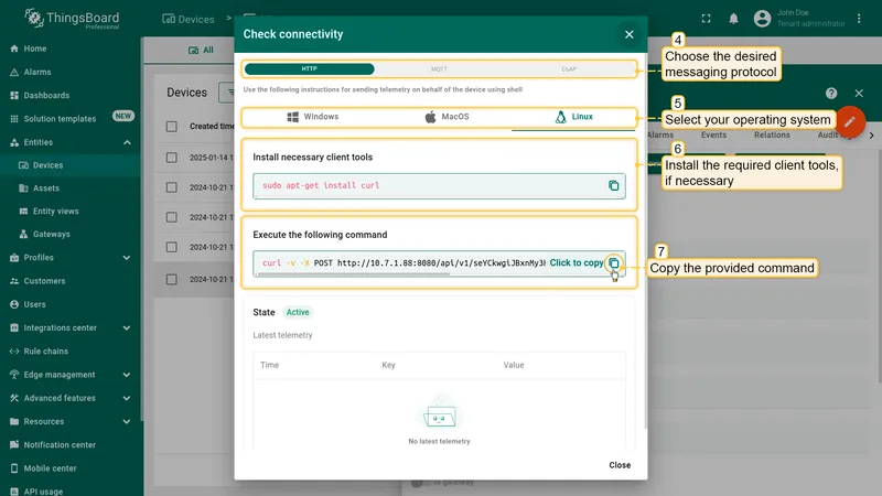 Check connectivity dialog with protocol and OS selection