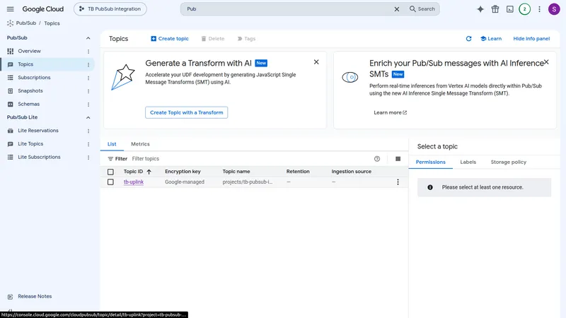 GCP Pub/Sub Topics list with the tb-uplink topic