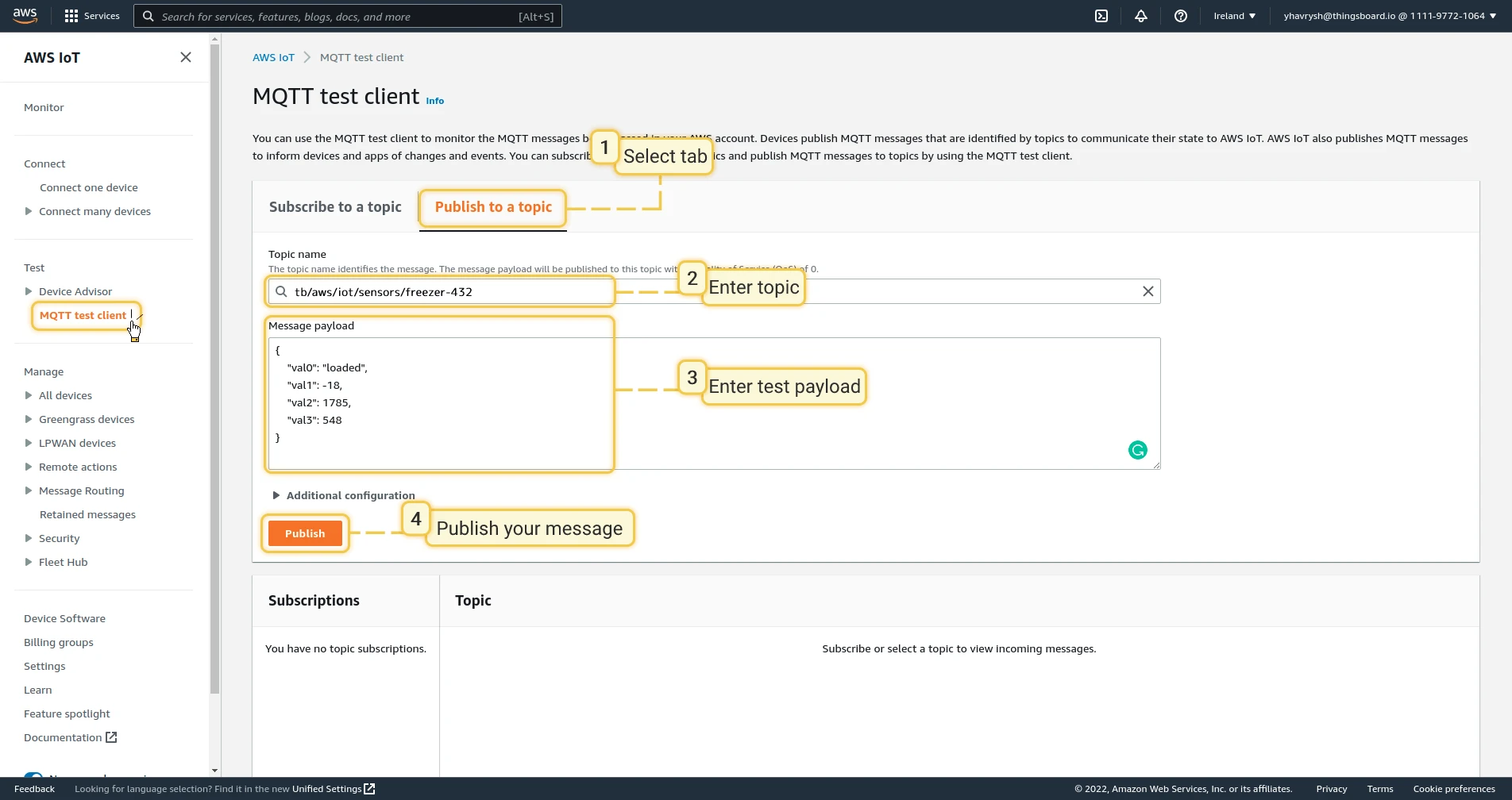 AWS MQTT test client — Publish to a topic tab with topic and payload entered
