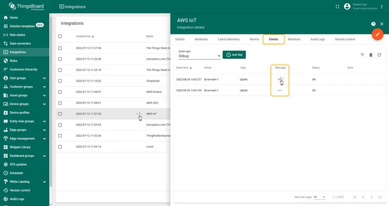 ThingsBoard — AWS IoT integration Events tab showing two uplink events with status OK