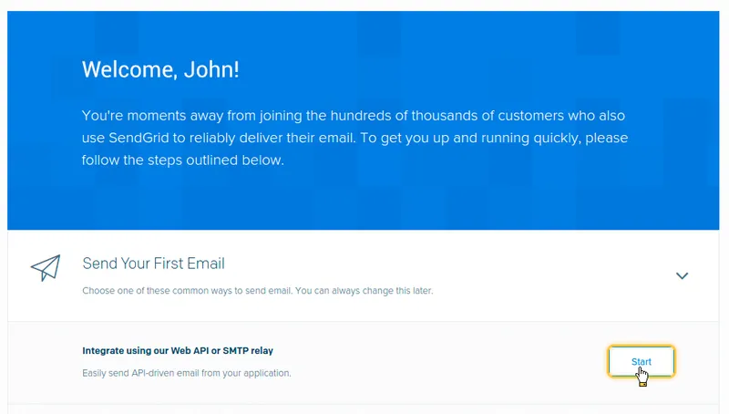 SendGrid welcome page