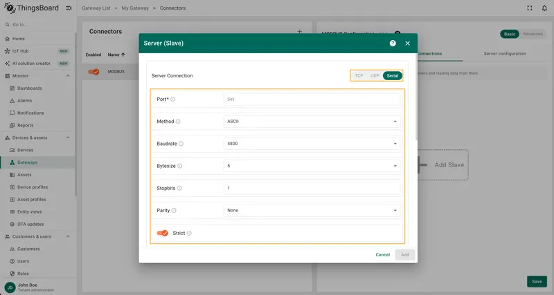 Serial server connection section