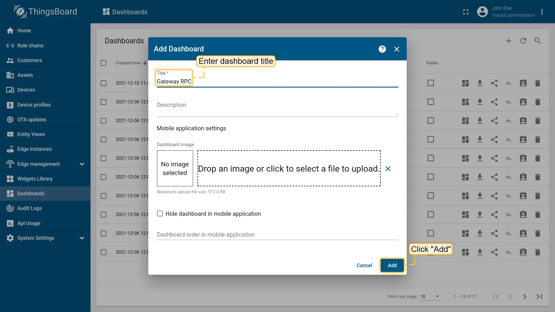 Add new dashboard dialog
