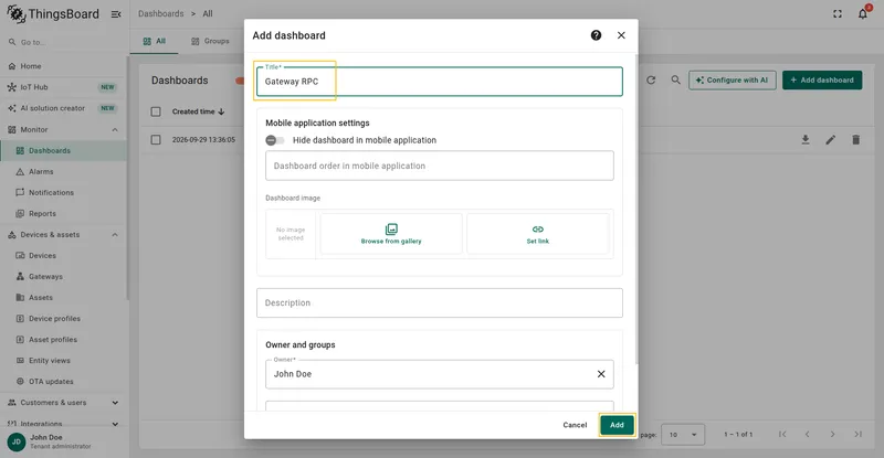 Add new dashboard dialog