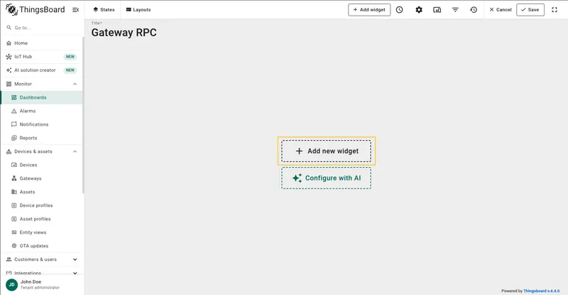 Dashboard in edit mode with Add new widget button