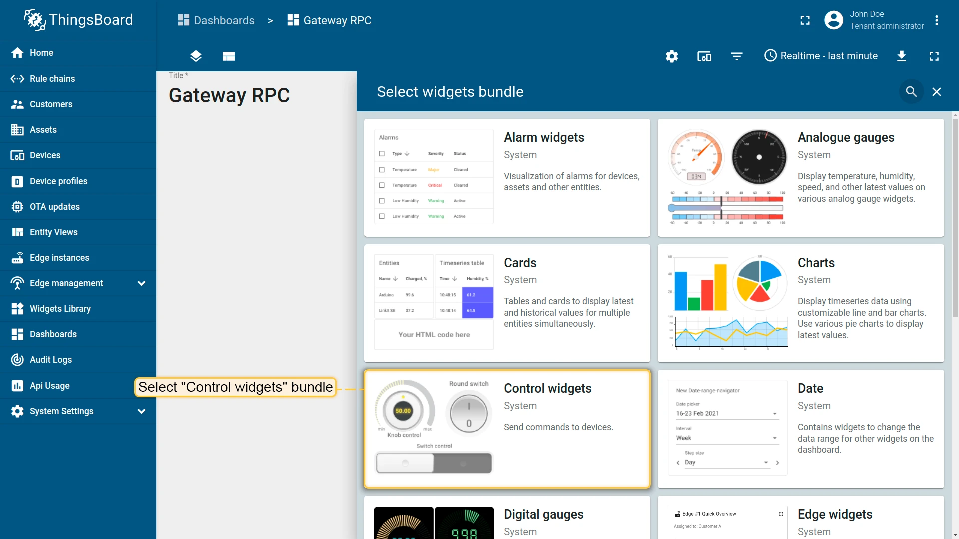 Widget bundle selection showing Control widgets