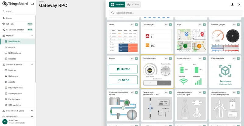 Widget bundle selection showing Control widgets