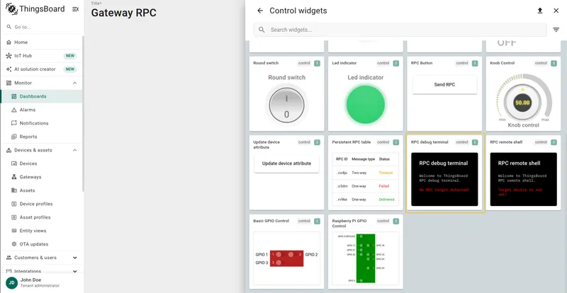 Widget list with RPC debug terminal highlighted