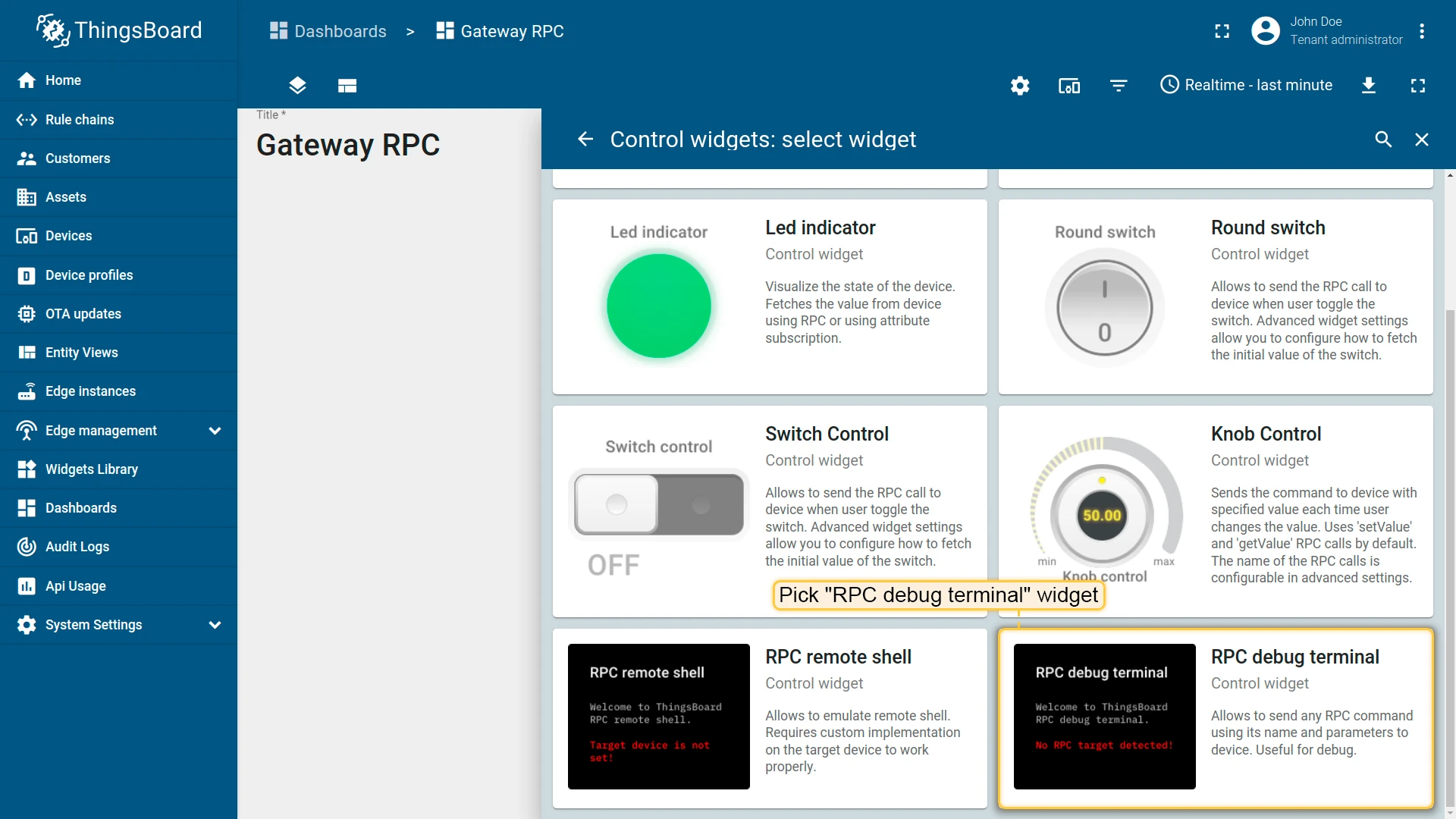 Widget list with RPC debug terminal highlighted