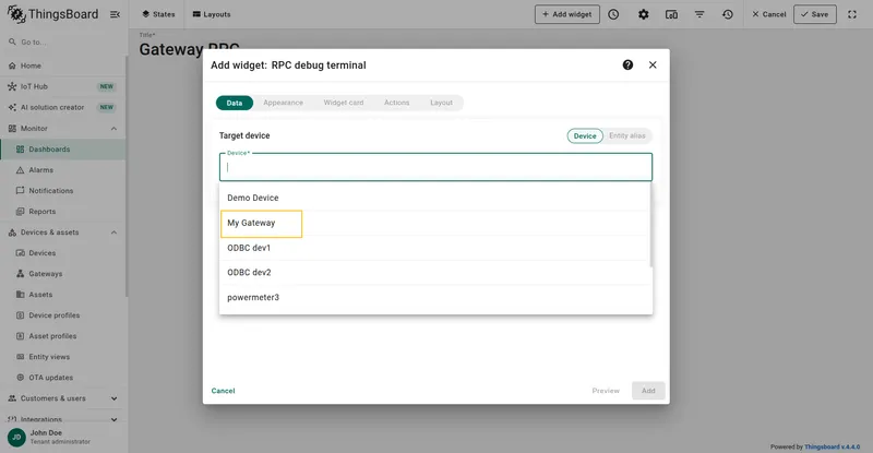 Datasource configured with the gateway device selected from the Device list