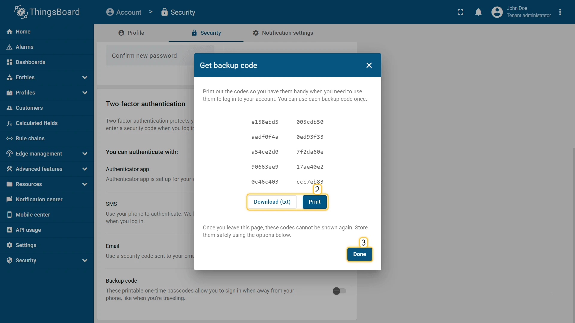 Get backup code dialog showing 10 single-use codes with Download and Print options