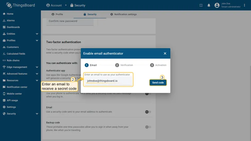Enable email authenticator dialog — email entry step
