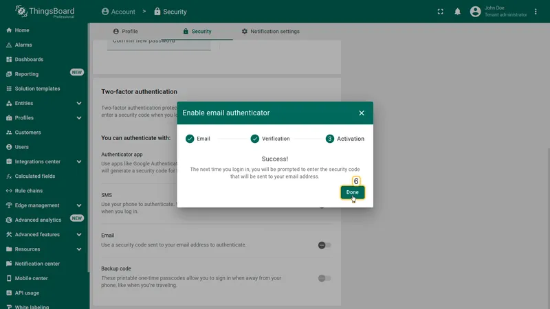 Enable email authenticator dialog — activation step showing success