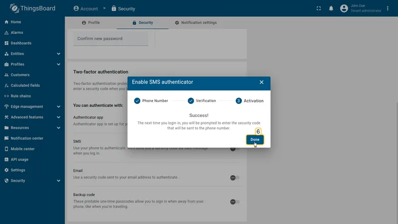 Enable SMS authenticator dialog — activation step showing success