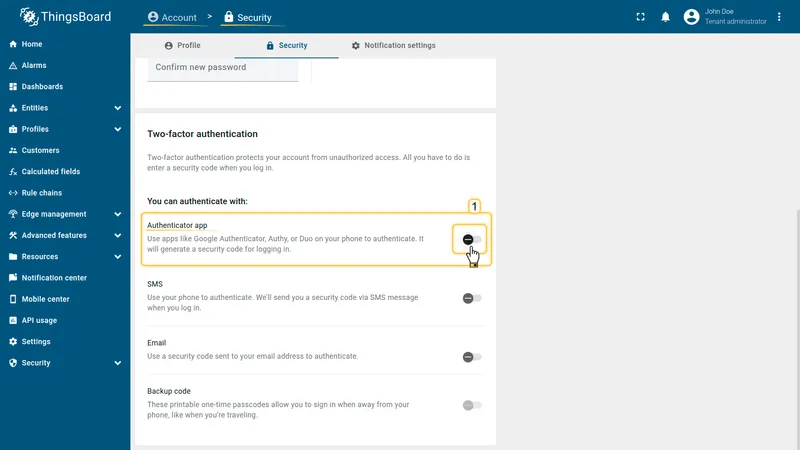 Account Security tab — Two-factor authentication section with method toggles