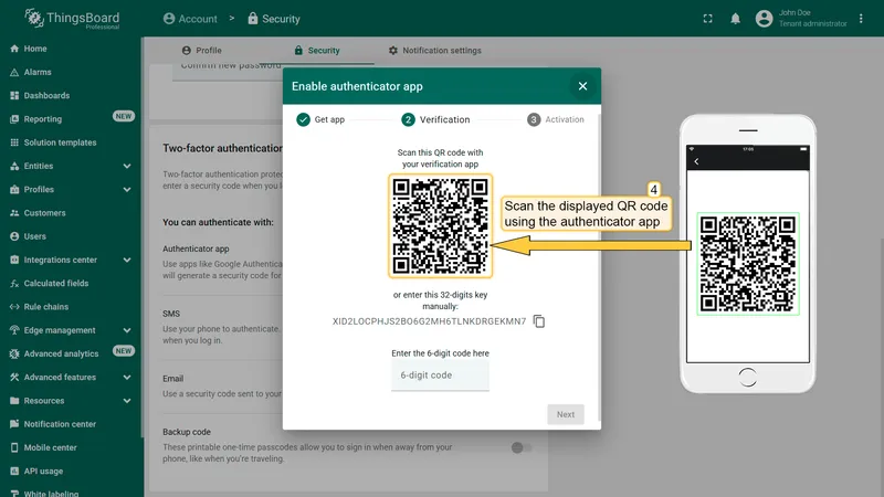 Enable authenticator app dialog — Verification step with QR code