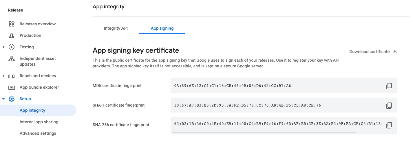SHA-256 fingerprint location in Google Play Console App Signing tab