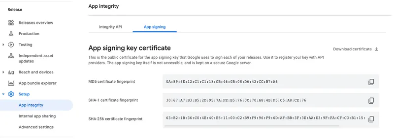SHA-256 fingerprint location in Google Play Console App Signing tab