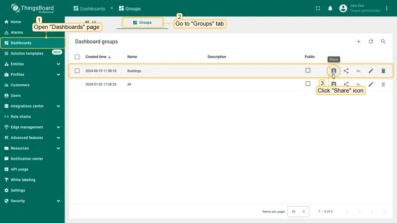Open Dashboards page, go to Groups tab and click Share