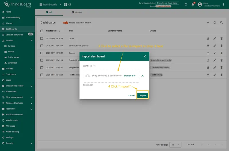 In the dashboard import window, upload the JSON file and click "**Import**" button.