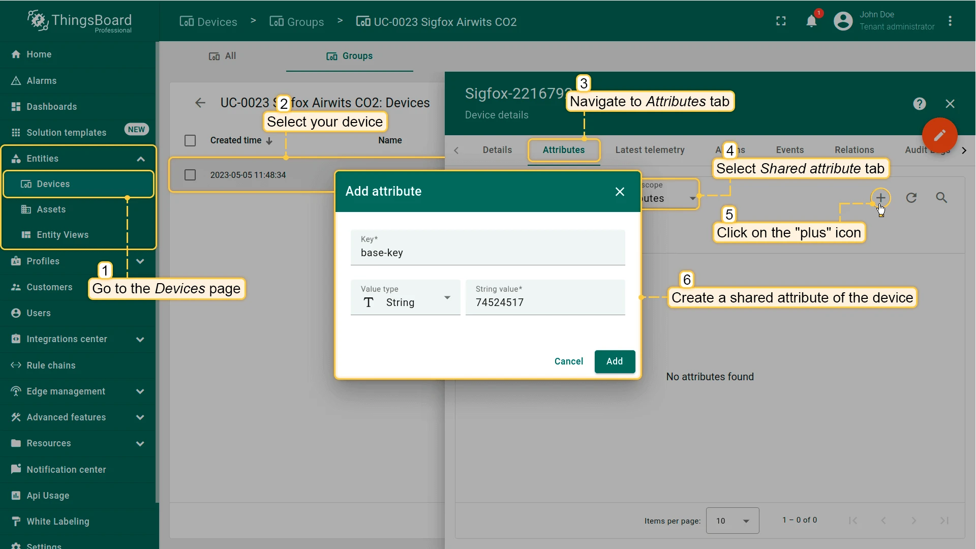 Device Attributes tab — Shared attributes selected, Add attribute dialog open with key base-key and value 74524517